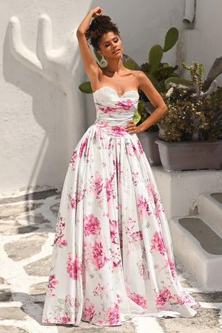PS26298 White & Pink Floral Gown