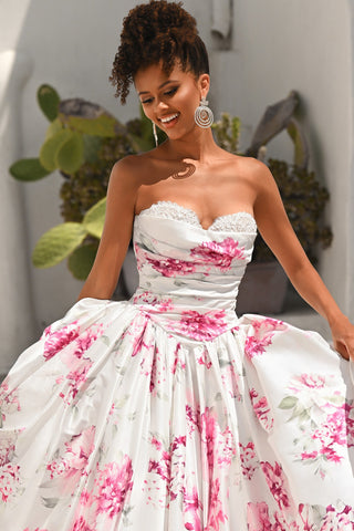 Woman in PS26298 White & Pink Floral Gown