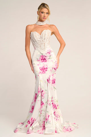 White and pink floral formal dress