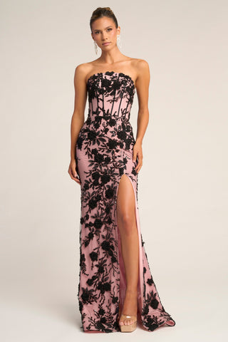 Black and nude floral embellished strapless gown