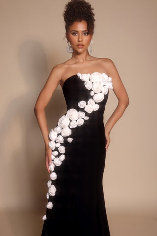 Black strapless gown with white floral embellishments, PS26305E