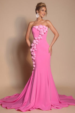 Pink floral embellished strapless gown