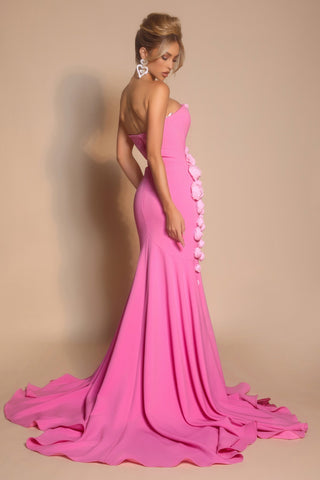 Pink strapless gown PS26305E with floral detail.