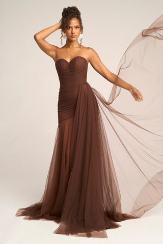 Brown strapless gown PS26307E with flowing train