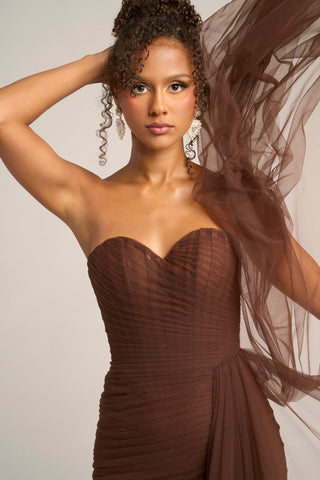 Woman in brown strapless gown, PS26307E-Brown-02
