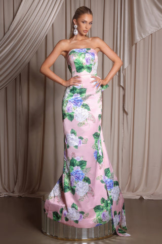Pink floral print strapless gown