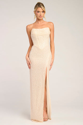 Cream beaded strapless gown with slit (PS26309E)