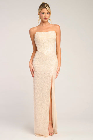 Cream beaded strapless gown with slit (PS26309E)