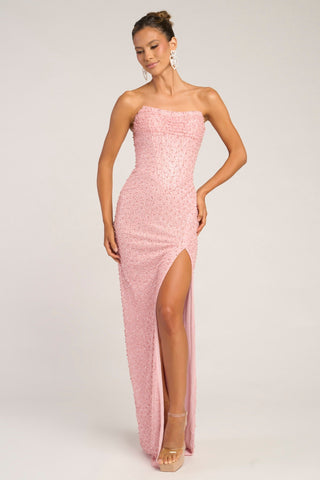 Pink strapless formal dress with high slit