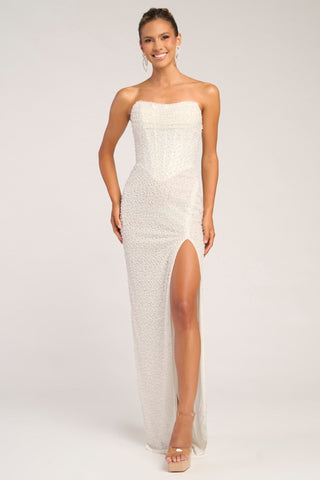 PS26309E White Strapless Gown with High Slit