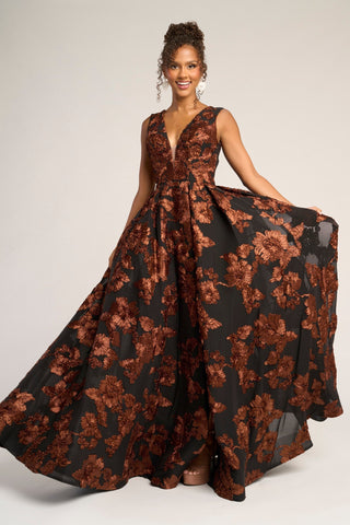 Black and brown floral formal gown (PS26312E)