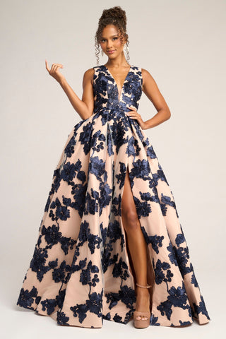 Navy and nude floral evening gown with high slit.