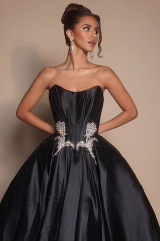 Black strapless gown PS26315E on model