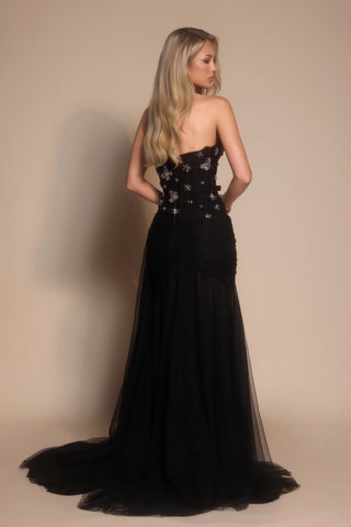 Black strapless gown PS26316E on model