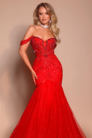 PS26317E Red Off-Shoulder Gown