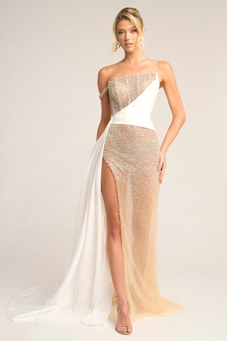 Ivory Silver beaded gown with high slit