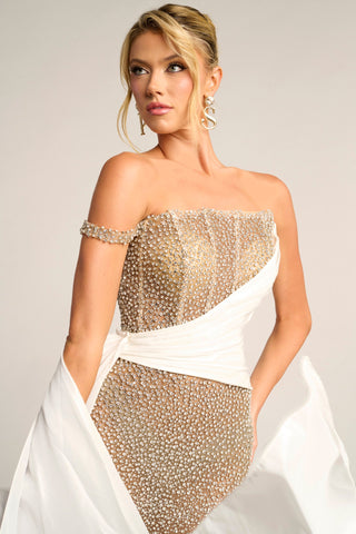 PS26318E Ivory Silver gown with beaded bodice and draped detail