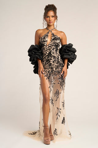 Black nude evening gown with floral embellishments