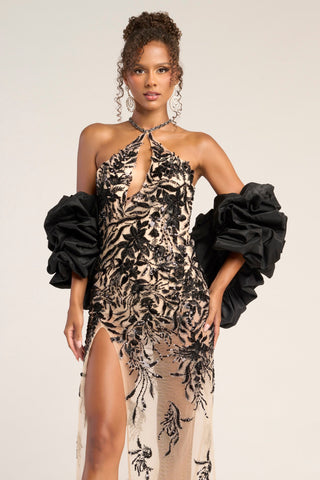 Black & Nude Floral Gown with Ruffle Sleeves