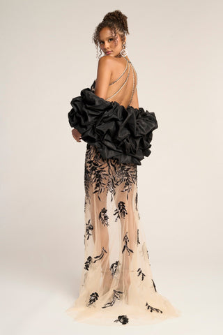 Black Nude Gown - PS26319E - Floral Embellished Dress