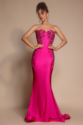 Hot pink strapless evening gown