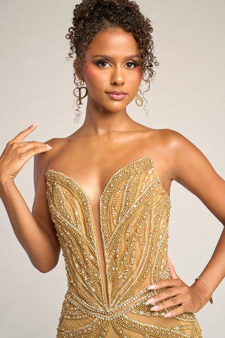 Gold beaded gown on model