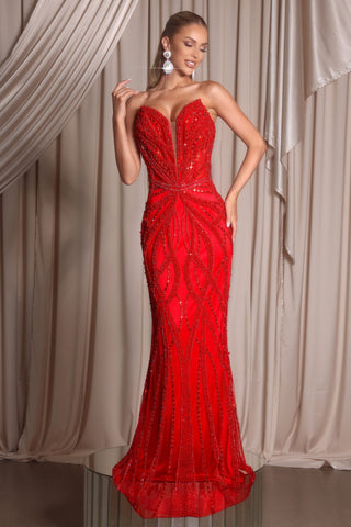 Red beaded formal dress