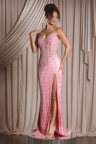 Pink strapless beaded gown with high slit (PS26402C)