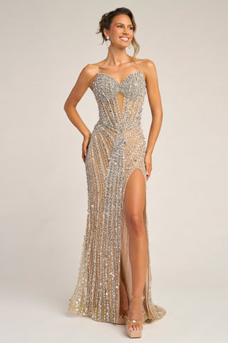 Beige Silver beaded gown with high slit (PS26403C)