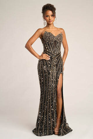 Black and gold beaded formal gown with slit