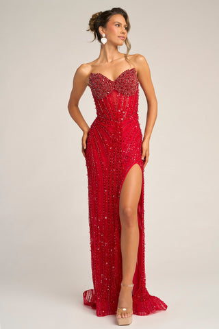 Red Silver beaded formal gown with high slit