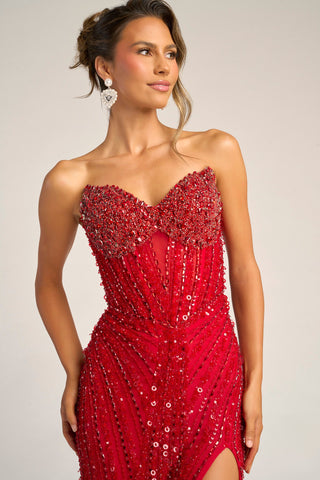 Red and silver beaded strapless gown