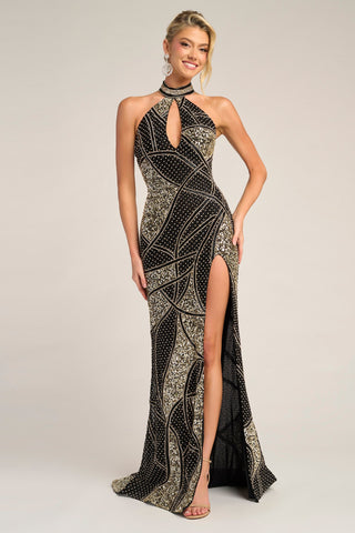 Black and gold embellished gown with high slit
