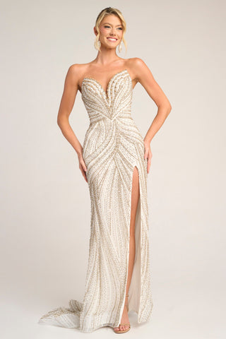 White gold strapless formal gown with high slit