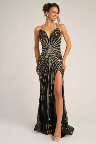 Black and gold embellished formal gown with high slit.