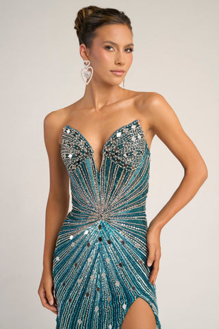 Blue Silver beaded strapless gown