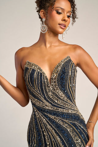 Navy & Gold beaded strapless gown, PS26412C