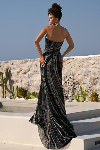 Navy and Gold Strapless Gown - PS26412C