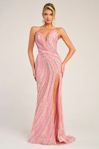 Pink beaded formal gown with high slit