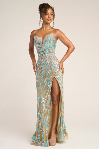 Blue Silver Formal Gown with High Slit
