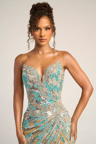 Blue Silver beaded formal gown