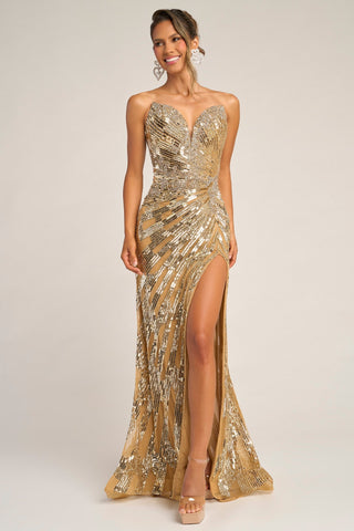 Gold sequin evening gown with high slit.
