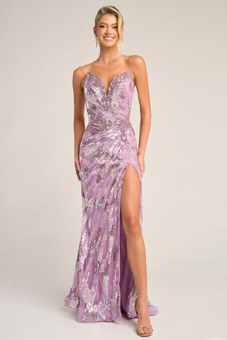 Lavender formal gown with high slit