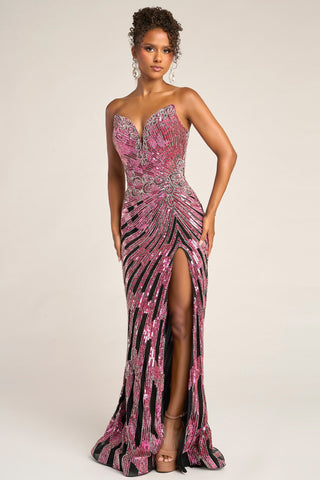 PS26413C Pink & Black Sequin Gown with Slit