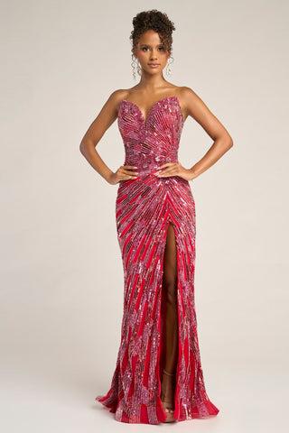Red sequin formal gown with high slit