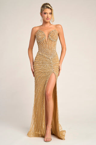 Gold beaded gown with thigh slit