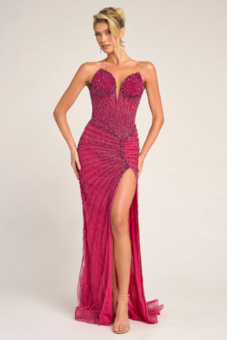 Hot pink beaded strapless formal gown with high slit