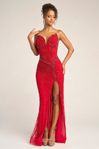 Red beaded formal gown with slit