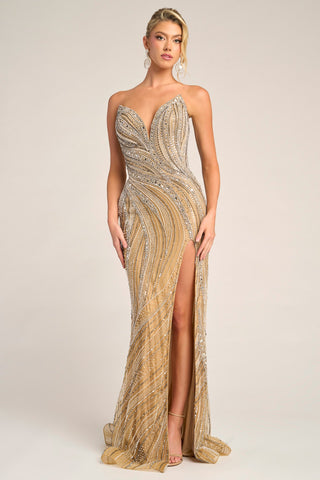 Gold and silver beaded formal gown with high slit