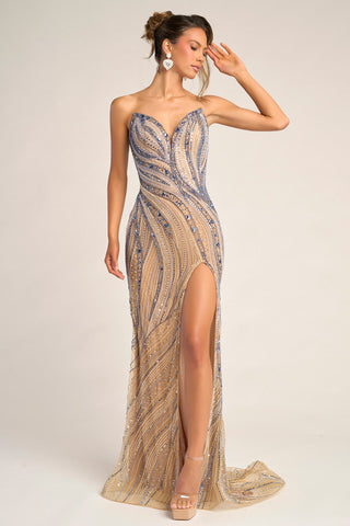 Nude & Blue beaded gown with high slit (PS26417C)